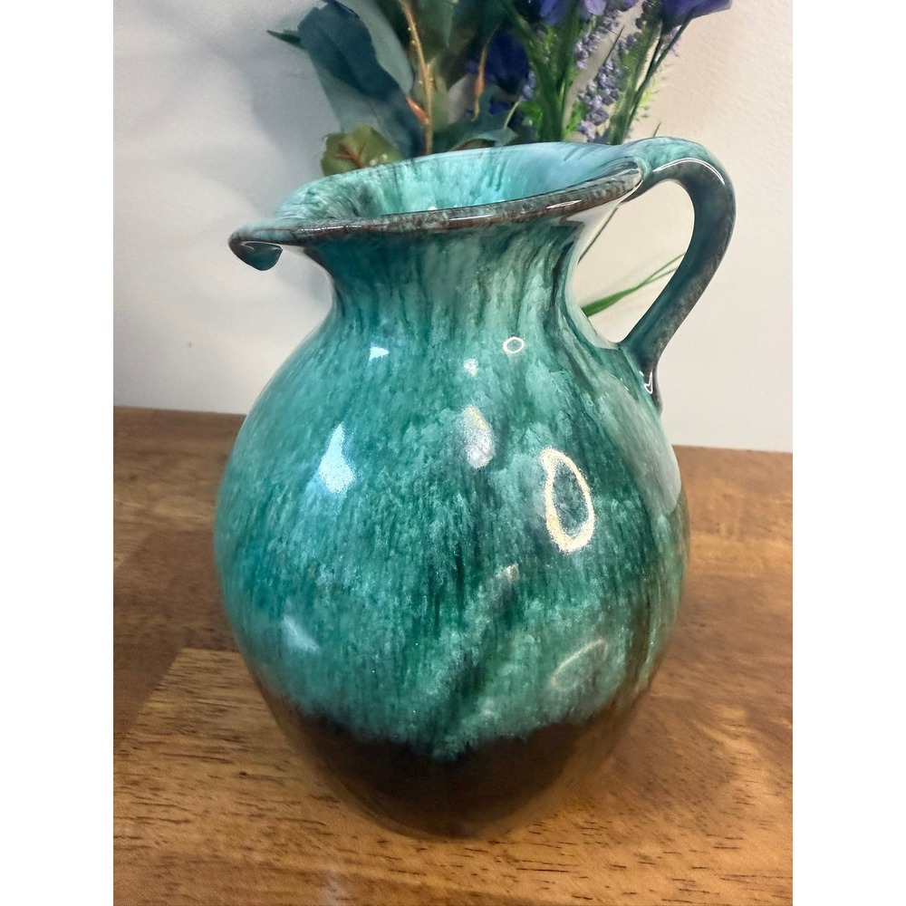 Vintage MCM Art Pottery Pitcher Green Black Drip Glaze Ceramic Jug Vase Decor
